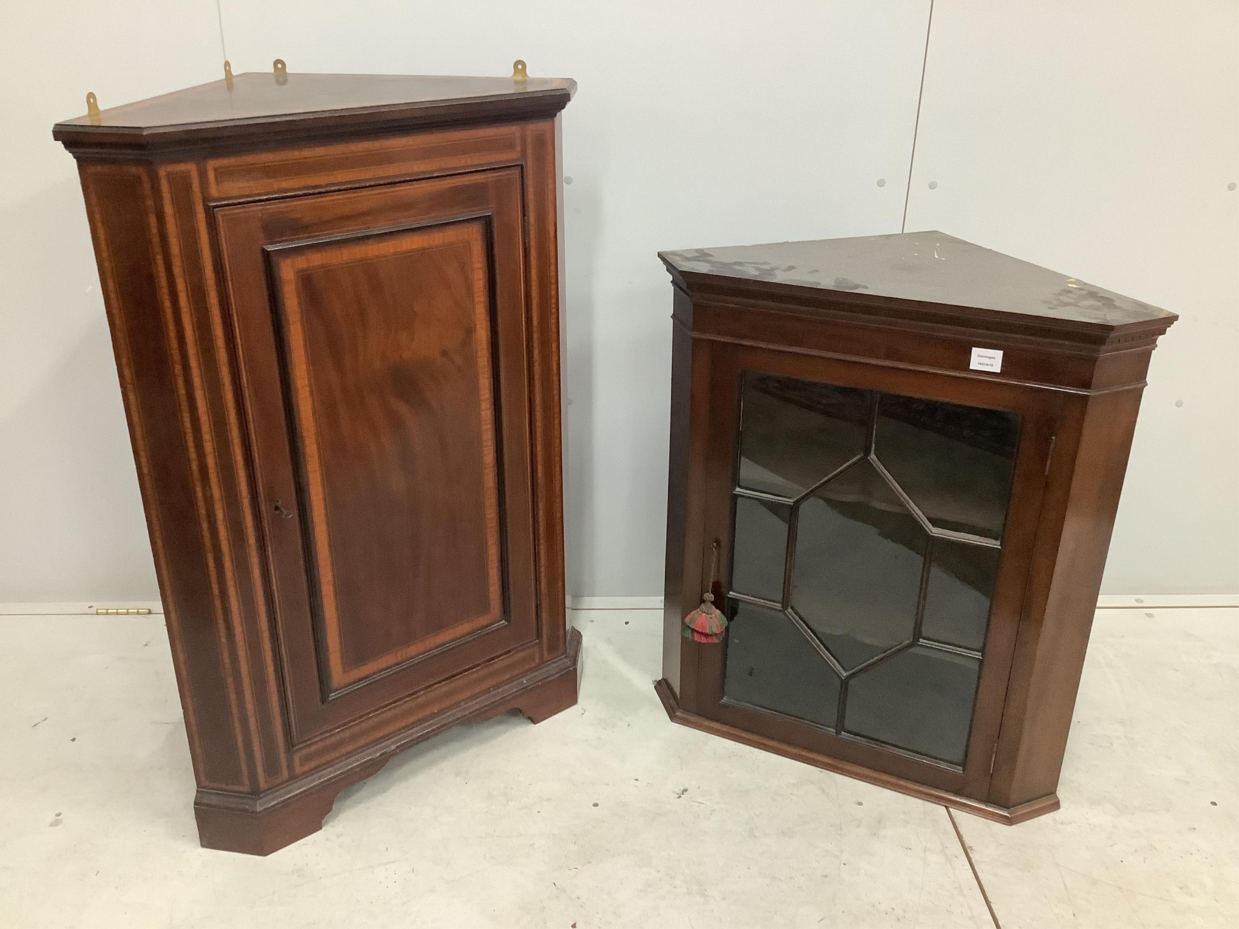 An Edwardian satinwood banded mahogany corner cupboard, now with an additional glazed cupboard on top, width 76cm, height overall 195cm. Condition - good